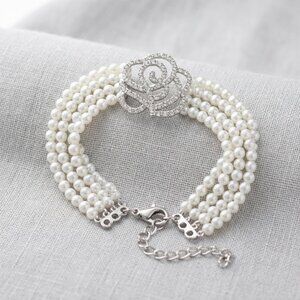 Multi Strand Pearl Bracelet Silver Tone Clasp Rhinestone Flower Elegant
